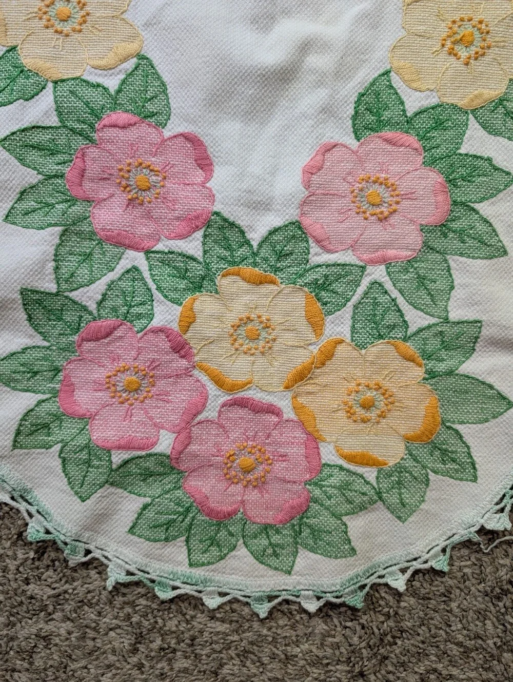 Hand-Embroidered Floral Table Runner - Pink & Yellow Flowers Cottage Core